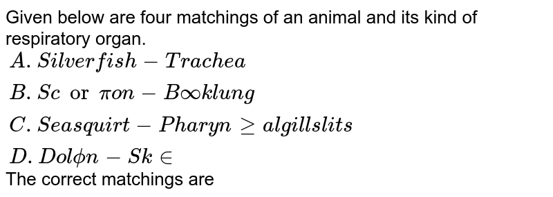 Given below are four different animals and its kind of respiratory organ: A. Silver fish - Tracheal system B. Scorpion - Book lung C. Sea squirt - Pharyngeal gills D Dolphin - Skin The correct matchings are: