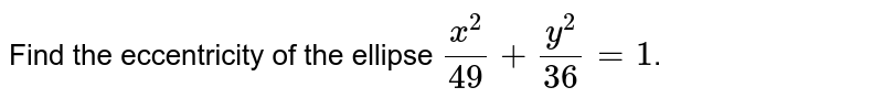 Find the eccentricity of the ellipse `(x^2)/( 49) + (y^2)/( 36) =1`.