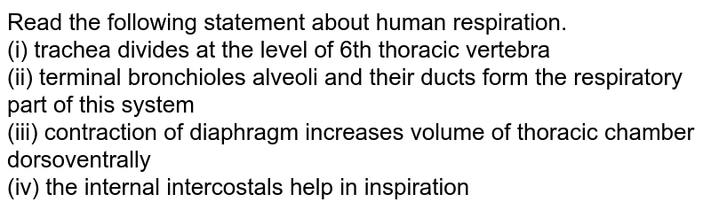 Read the following statement about human respiration. (i) trachea divides at the level of 6th thoracic vertebra (ii) terminal bronchioles alveoli and their ducts form the respiratory part of this system (iii) contraction of diaphragm increases volume of thoracic chamber dorsoventrally (iv) the internal intercostals help in inspiration