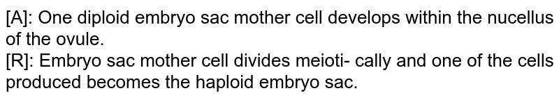 [A]: One diploid embryo sac mother cell develops within the nucellus of the ovule. [R]: Embryo sac mother cell divides meioti- cally and one of the cells produced becomes the haploid embryo sac.