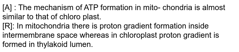 [A] : The mechanism of ATP formation in mito- chondria is almost similar to that of chloro plast. [R]: In mitochondria there is proton gradient formation inside intermembrane space whereas in chloroplast proton gradient is formed in thylakoid lumen.