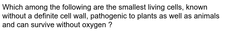 Which among the following are the smallest living cells, known without a definite cell wall, pathogenic to plants as well as animals and can survive without oxygen ?