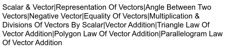 Scalar & Vector|Representation Of Vectors|Angle Between Two Vectors|Negative Vector|Equality Of Vectors|Multiplication & Divisions Of Vectors By Scalar|Vector Addition|Triangle Law Of Vector Addition|Polygon Law Of Vector Addition|Parallelogram Law Of Vector Addition