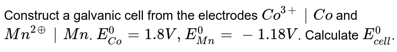 Construct a galvanic cell from the electrodes Co^(3+)|Co and Mn^(2o+)|Mn . E_(Co)^0 = 1.8 V, E_(Mn)^0=- 1.18V . Calculate E_(cell)^0 .