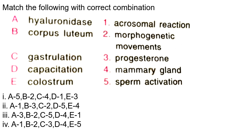 Match the following with correct combination i. A-5,B-2,C-4,D-1,E-3 ii. A-1,B-3,C-2,D-5,E-4 iii. A-3,B-2,C-5,D-4,E-1 iv. A-1,B-2,C-3,D-4,E-5