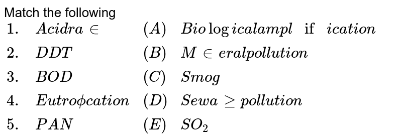 Match the following {:(1.,"Acid rain",(A),"Biological amplification"),(2.,"DDT",(B),"Mineral pollution"),(3.,"BOD",(C ),"Smog"),(4.,"Eutrophication",(D),"Sewage pollution"),(5.,"PAN",(E ),SO_(2)):}