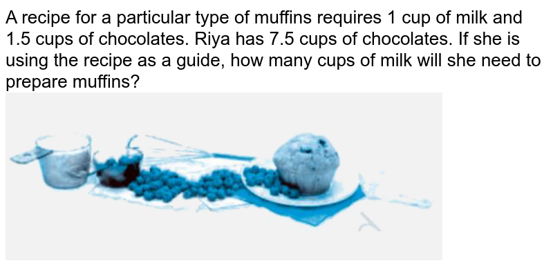 A recipe for a particular type of muffins requires 1 cup of milk and 1.5 cups of chocolates. Riya has 7.5 cups of chocolates. If she is using the recipe as a guide, how many cups of milk will she need to prepare muffins? <br> <img src="https://doubtnut-static.s.llnwi.net/static/physics_images/NCERT_EXM_MAT_VIII_C10_E01_106_Q01.png" width="80%"> 
