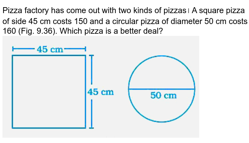 Pizza factory has come out with two kinds of pizzas। A square pizza of side 45 cm costs 150 and a circular pizza of diameter 50 cm costs 160 (Fig. 9.36). Which pizza is a better deal? <br> <img src="https://doubtnut-static.s.llnwi.net/static/physics_images/NCERT_EXM_MAT_VII_C09_E01_085_Q01.png" width="80%">