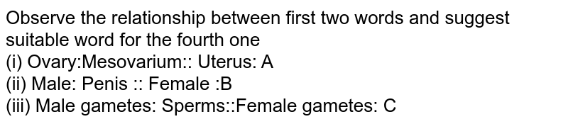 Observe the relationship between first two words and suggest suitable word for the fourth one (i) Ovary:Mesovarium:: Uterus: A (ii) Male: Penis :: Female :B (iii) Male gametes: Sperms::Female gametes: C