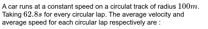 A car runs at constant speed on a circular track of radius 100 m taking 62.8 s on each lap. What is the average speed and average velocity on each complete lap ?