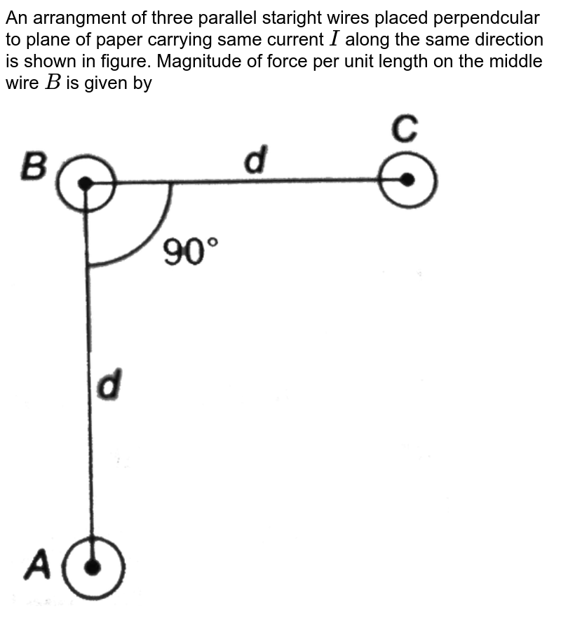 Three coplanar parallel wires each carrying a current of 10A alon