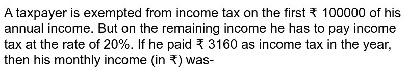 A taxpayer is exempted from income tax on the first ₹ 100000 of his annual income. But on the remaining income he has to pay income tax at the rate of 20%. If he paid ₹ 3160 as income tax in the year, then his monthly income (in ₹) was-