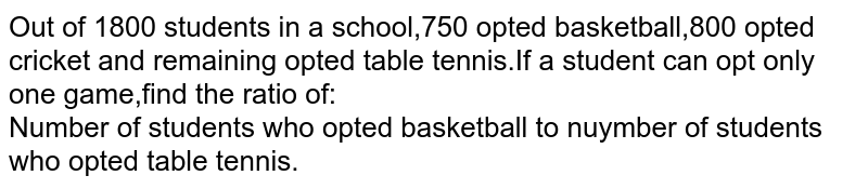 Out of 1800 students in a school,750 opted basketball,800 opted cricket and remaining opted table tennis. If a student can opt only one game,find the ratio of:<br>Number of students who opted basketball to number of students who opted table tennis.