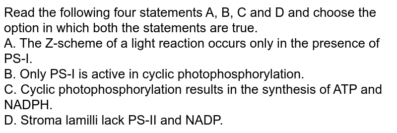 Read the following four statements A, B, C and D and choose the option in which both the statements are true. A. The Z-scheme of a light reaction occurs only in the presence of PS-I. B. Only PS-I is active in cyclic photophosphorylation. C. Cyclic photophosphorylation results in the synthesis of ATP and NADPH. D. Stroma lamilli lack PS-II and NADP.