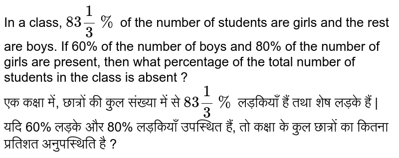 In a class, `83 1/3%` of the number of students are girls and the rest are boys. If 60% of the number of boys and 80% of the number of girls are present, then what percentage of the total number of students in the class is absent ? <br>
एक कक्षा में, छात्रों की कुल संख्या में से `83 1/3%` लड़कियाँ हैं तथा शेष लड़के हैं | यदि 60% लड़के और 80% लड़कियाँ उपस्थित हैं, तो कक्षा के कुल छात्रों का कितना प्रतिशत अनुपस्थिति है ?