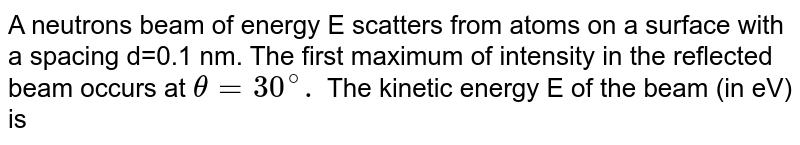 A neutrons beam of energy E scatters from atoms on a surface with a spacing d=0.1 nm. The first maximum of intensity in the reflected beam occurs at theta = 30^(@). The kinetic energy E of the beam (in eV) is