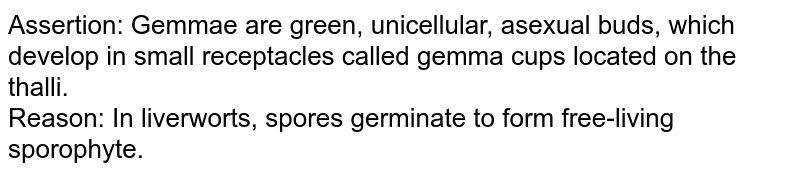 Assertion: Gemmae are green, unicellular, asexual buds, which develop in small receptacles called gemma cups located on the thalli. Reason: In liverworts, spores germinate to form free-living sporophyte.
