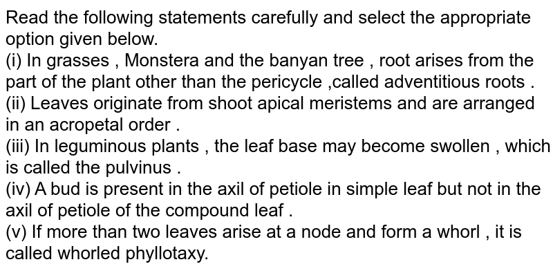 Read the following statements carefully and select the appropriate option given below. (i) In grasses , Monstera and the banyan tree , root arises from the part of the plant other than the pericycle ,called adventitious roots . (ii) Leaves originate from shoot apical meristems and are arranged in an acropetal order . (iii) In leguminous plants , the leaf base may become swollen , which is called the pulvinus . (iv) A bud is present in the axil of petiole in simple leaf but not in the axil of petiole of the compound leaf . (v) If more than two leaves arise at a node and form a whorl , it is called whorled phyllotaxy.