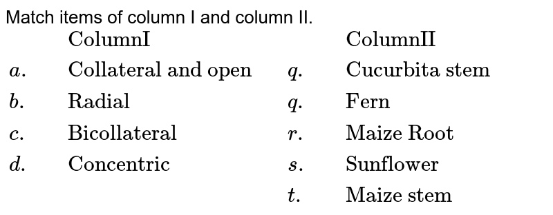 Match items of column I and column II. {:(,,"ColumnI",,,,"ColumnII"),(a.,,"Collateral and open",,q.,,"Cucurbita stem"),(b.,,"Radial",,q.,,"Fern"),(c.,,"Bicollateral",,r.,,"Maize Root"),(d.,,"Concentric",,s.,,"Sunflower"),(,,,,t.,,"Maize stem"):}