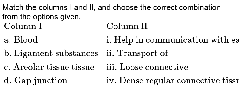 Match the columns I and II, and choose the correct combination from the options given. {:("Column I","Column II"),("a. Blood","i. Help in communication with each other"),("b. Ligament substances","ii. Transport of"),("c. Areolar tissue tissue","iii. Loose connective"),("d. Gap junction","iv. Dense regular connective tissue"):}