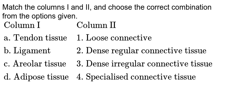 Match the columns I and II, and choose the correct combination from the options given. {:("Column I","Column II"),("a. Tendon tissue","1. Loose connective"),("b. Ligament","2. Dense regular connective tissue"),("c. Areolar tissue","3. Dense irregular connective tissue"),("d. Adipose tissue","4. Specialised connective tissue"):}