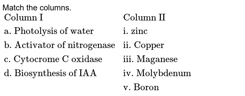 Match the columns. {:("Column I","Column II"),("a. Photolysis of water","i. zinc"),("b. Activator of nitrogenase","ii. Copper"),("c. Cytocrome C oxidase","iii. Maganese"),("d. Biosynthesis of IAA","iv. Molybdenum"),("","v. Boron"):}