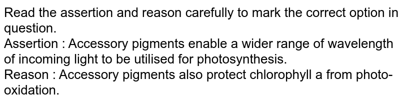 Read the assertion and reason carefully to mark the correct option in question. Assertion : Accessory pigments enable a wider range of wavelength of incoming light to be utilised for photosynthesis. Reason : Accessory pigments also protect chlorophyll a from photo-oxidation.