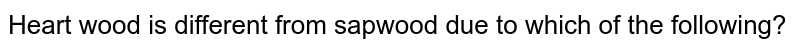 Heart wood is different from sapwood due to which of the following?