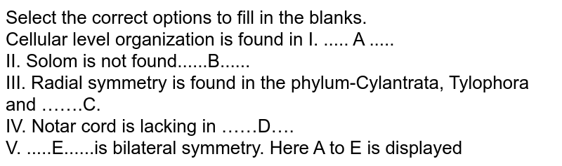 Select the correct options to fill in the blanks. Cellular level organization is found in I. ..... A ..... II. Solom is not found......B...... III. Radial symmetry is found in phylum-Cylantrata, Tylophora and …….C. IV. Notar cord is lacking in ……D…. V. .....E......is bilateral symmetry. Here A to E is displayed