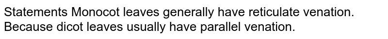 Statement Monocot leaves generally have reticulate venation. Because dicot leaves usually have parallel venation.