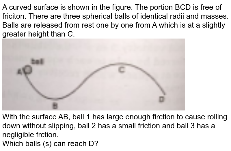 A curved surface is shown in the figure. The portion BCD is free of friciton. There are three spherical balls of identical radii and masses. Balls are released from rest one by one from A which is at a slightly greater height than C. <br> <img src="https://doubtnut-static.s.llnwi.net/static/physics_images/MBD_ASK_PHY_XI_U04_C06_S04_037_Q01.png" width="80%"> <br> With the surface AB, ball 1 has large enough firction to cause rolling down without slipping, ball 2 has a small friction and ball 3 has a negligible frction. <br> Which balls (s) can reach D?