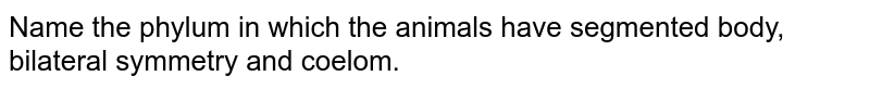 Name the phylum in which the animals have segmented body, bilateral symmetry and coelom.