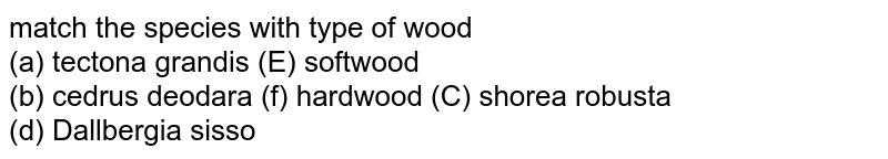 match the species with type of wood (a) tectona grandis (E) softwood (b) cedrus deodara (f) hardwood (C) shorea robusta (d) Dallbergia sisso