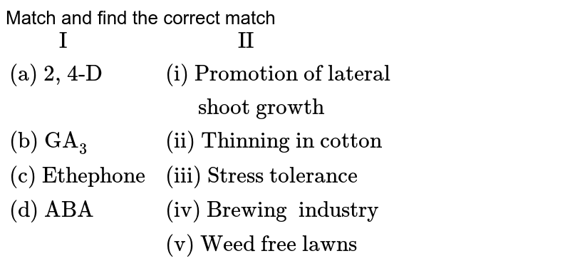 Match and find the correct match {:(" I"," II"),("(a) 2, 4-D","(i) Promotion of lateral"),(," shoot growth"),("(b) GA"_(3),"(ii) Thinning in cotton"),("(c) Ethephone","(iii) Stress tolerance"),("(d) ABA","(iv) Brewing industry"),(,"(v) Weed free lawns"):}