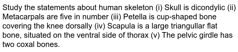 Study the statements about human skeleton (i) Skull is dicondylic (ii) Metacarpals are five in number (iii) Petella is cup-shaped bone covering the knee dorsally (iv) Scapula is a large triangullar flat bone, situated on the ventral side of thorax (v) The pelvic girdle has two coxal bones.