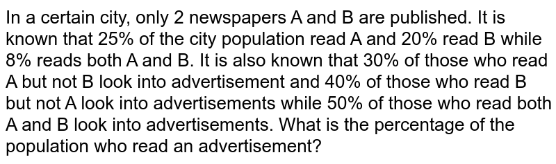 In a certain city, only 2 newspapers A and B are published. It is known that 25% of the city population read A and 20% read B while 8% reads both A and B. It is also known that 30% of those who read A but not B look into advertisement and 40% of those who read B but not A look into advertisements while 50% of those who read both A and B look into advertisements. What is the percentage of the population who read an advertisement? 