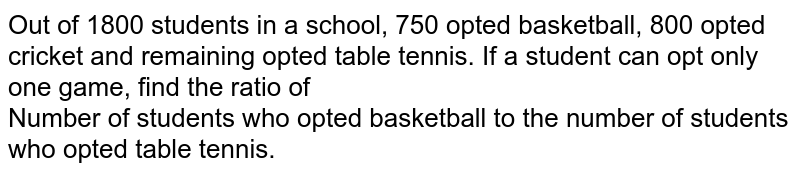Out of 1800 students in a school, 750 opted basketball, 800 opted cricket and remaining opted table tennis. If a student can opt only one game, find the ratio of <br> Number of students who opted basketball to the number of students who opted table tennis. 