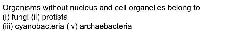 Organism without nucleus and cell organelles belong to (i) Fungi (ii) Protista (iii) Archaebacteria (iv) Cyanobacteria