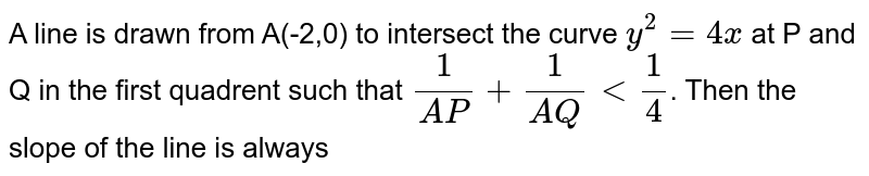 A line is drawn from A(-2,0) to intersect the curve `y^2=4x` at P and Q in the first quadrent such that `1/(AP)+1/(AQ)lt1/4`. Then the slope of the line is always 