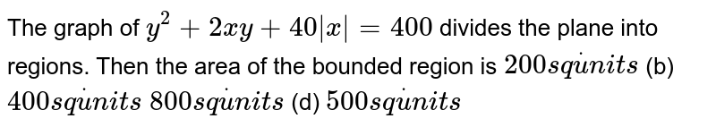 The graph of `y^2+2x y+40|x|=400`
divides the plane into regions. Then the area of the bounded region is
`200s qdotu n i t s`
 (b) `400s qdotu n i t s`

`800s qdotu n i t s`
 (d) `500s qdotu n i t s`