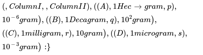 {:(,"Column I",,"Column II"),("(A)","1 Hectogram","p)",10^(-6)" gram"),("(B)","1 Decagram","q)",10^(2)" gram"),("(C)","1 milli gram","r)","10 gram"),("(D)","1 micro gram","s)",10^(-3)" gram"):}