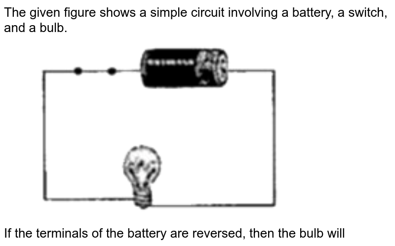 The given figure shows a simple circuit involving a battery, a switch, and a bulb. <br> <img src="https://doubtnut-static.s.llnwi.net/static/physics_images/BE_IIT_PHY_VII_C04_E01_069_Q01.png" width="80%"> <br> If the terminals of the battery are reversed, then the bulb will 