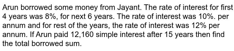 Arun borrowed some money from Jayant. The rate of interest for first 4 years was 8%, for next 6 years. The rate of interest was 10%. per annum and for rest of the years, the rate of interest was 12% per annum. If Arun paid 12,160 simple interest after 15 years then find the total borrowed sum. 