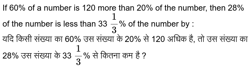 If 60% of a number is 120 more than 20% of the number, then 28% of the number is less than 33 `1/3`% of the number by : <br>
यदि किसी संख्या का 60% उस संख्या के 20% से 120 अधिक है, तो उस संख्या का 28% उस संख्या के 33 `1/3`% से कितना कम है ?