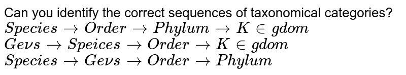 Can you identify the correct sequence of taxonomical categories? i) Species to Order to Phylum to Kingdom ii) Genus to Species to Order to Kingdom iii) Species to Genus to Order to Phylum