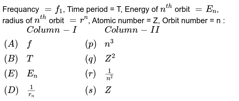 Frequancy F 1 Time Period T Energy Of N Th Orbit E N Radius Of N Th Orbit R N Atomic Number Z Orbit Number N Column I Column Ii A F P N 3 B T Q Z 2 E E N R 1 N 2 D 1 R N