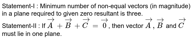 Assertion: Minimum number of non-equal Vectors in a plane required to give zero resultant is three. Reason: If vec(A)+vec(B)+vec(C )= vec(0) , then they must lie in one plane A. Statement-I is true, Statement-II is true, Statement-II is correct explanation for statement-I B. Statement-I is true, Statement-II is true, Statement-II is NOT a correct explanation for statement-I C. Statement-I is true, Statement-II is false. D. Statement-I is false and Statement-II is true.