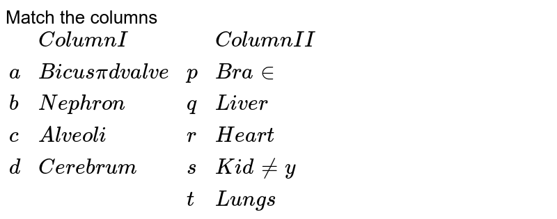 Match the columns {:(,"Column I",,"Column II"),(a,"Bicuspid valve",p,"Brain"),(b,"Nephron",q,"Liver"),(c,"Alveoli",r,"Heart"),(d,"Cerebrum",s,"Kidney"),(,,t,"Lungs"):}