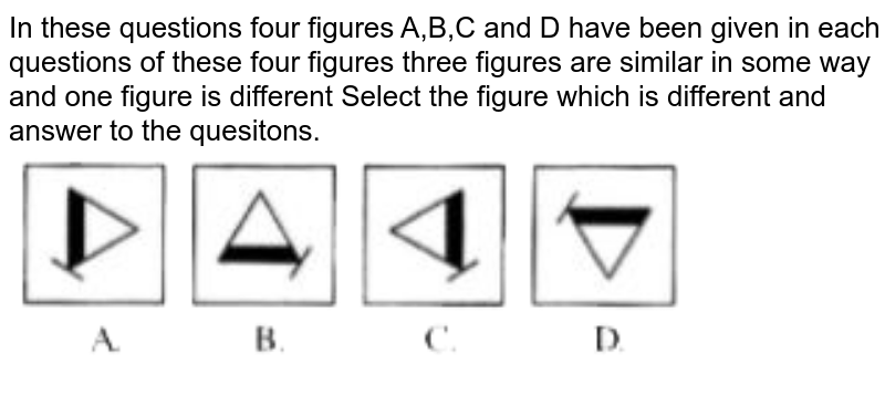 In these questions four figures A,B,C and D have been given in each questions of these four figures three figures are similar in some way and one figure is different Select the figure which is different and answer to the quesitons.