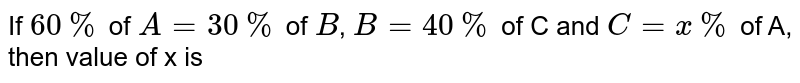 If 60% of A= 30% of B, B = 40% of C, C = x% of A. then value of x is